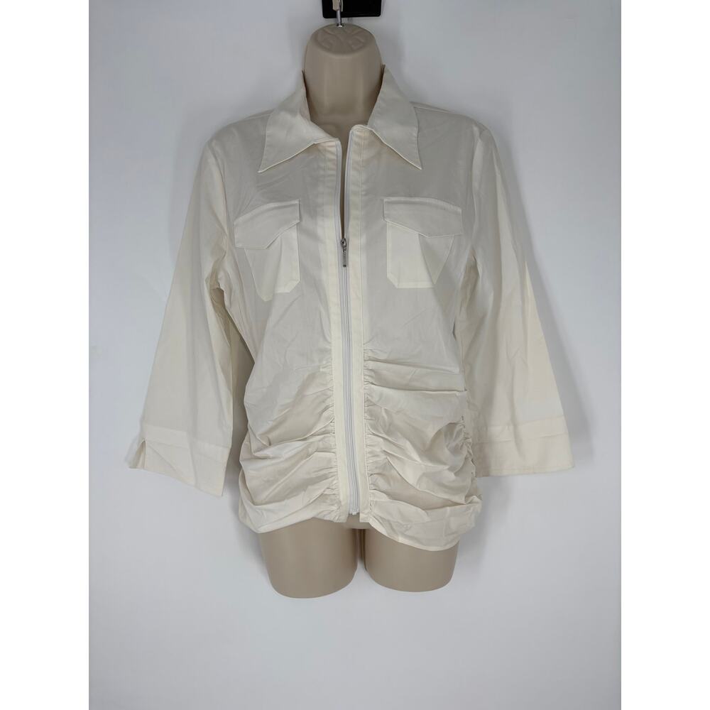 CAbi Cream Zip-Front Ruched Blouse